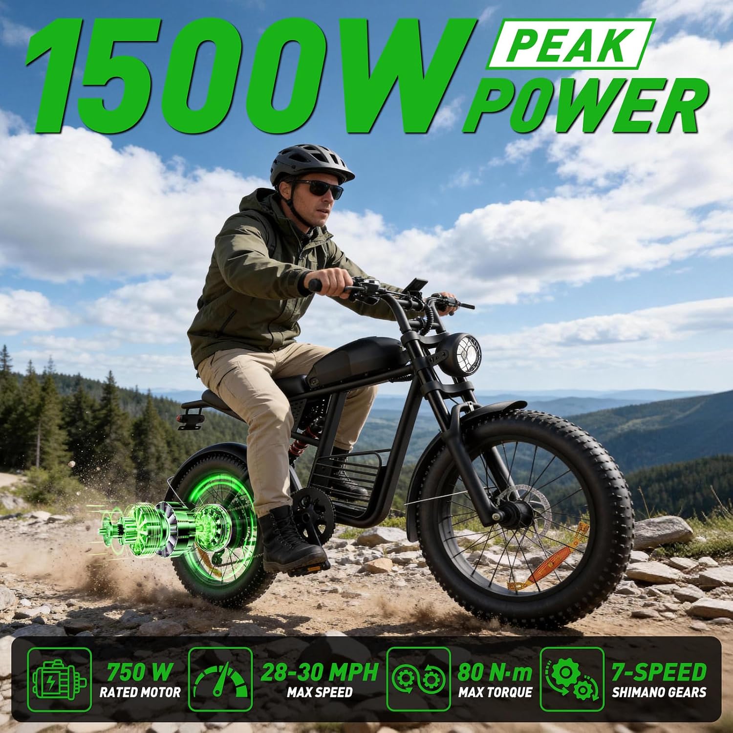 20-Inch Fat Tire Electric Bike for Adults, Long-Range All-Terrain E-Bike, Motorcycle-Style Design, USA Stock