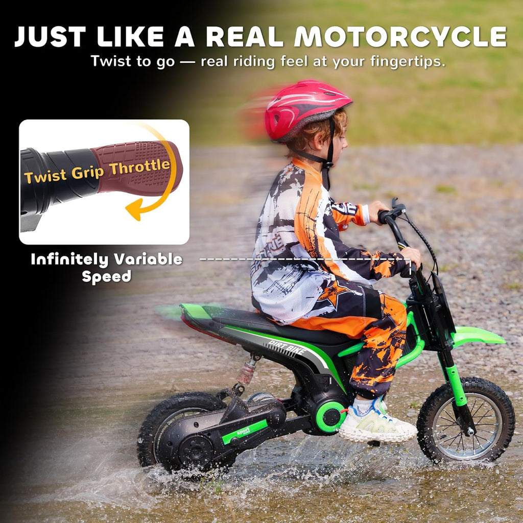 Electric Dirt Bike 350W Off-Road Motorcycle, Twist Grip Throttle, Up to 15 MPH, Rear Suspension, Music & Horn, Hand Brake, Green