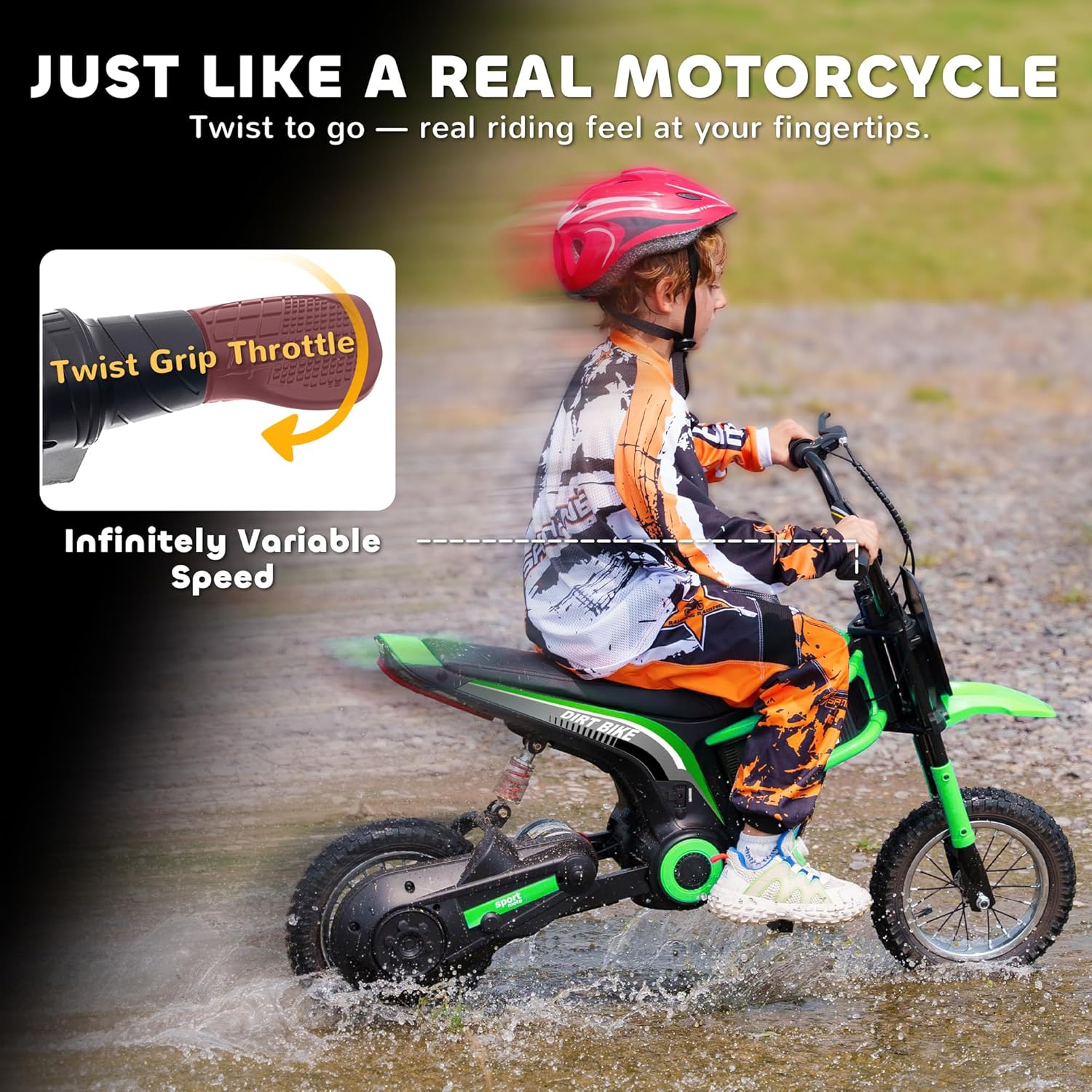 Electric Dirt Bike 350W Off-Road Motorcycle, Twist Grip Throttle, Up to 15 MPH, Rear Suspension, Music & Horn, Hand Brake, Green