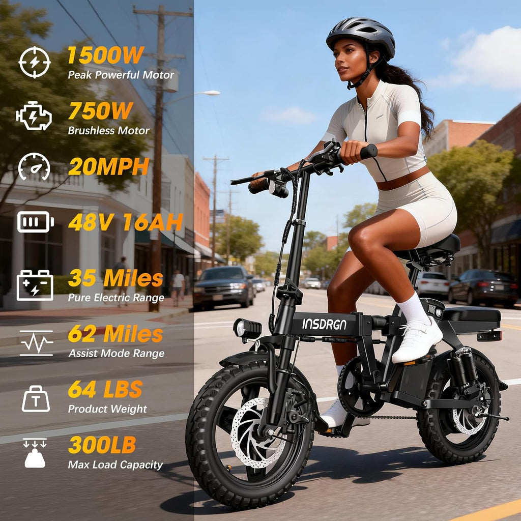 14-Inch Folding Electric Bike for Adults, Compact Commuter E-Bike with Removable Power System, Long-Range Design, UL Certified