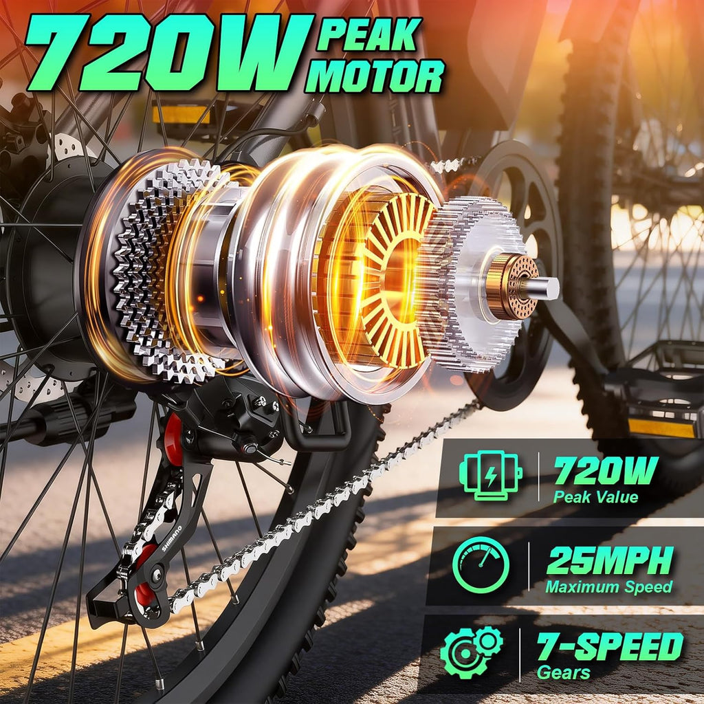 26" Electric Bike for Adults, 720W Peak Motor, 7-Speed Commuter E-Bike, Up to 50-Mile Range, All-Terrain Electric Bicycle