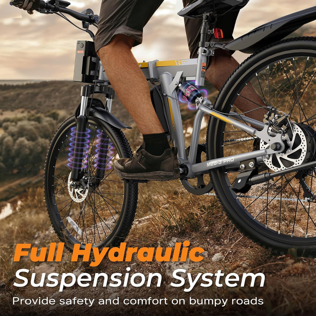 26" Folding Electric Bike for Adults with 750W Peak Motor, Up to 20 MPH, 50 Miles Range, Full Suspension & Dual Disc Brakes