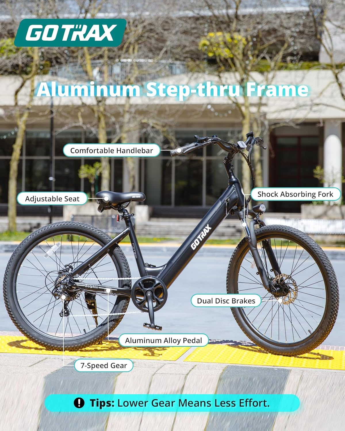 26" Step-Through Electric Bike for Adults, 500W Peak Motor, Up to 30-Mile Range, 7-Speed City E-Bike with Front Suspension