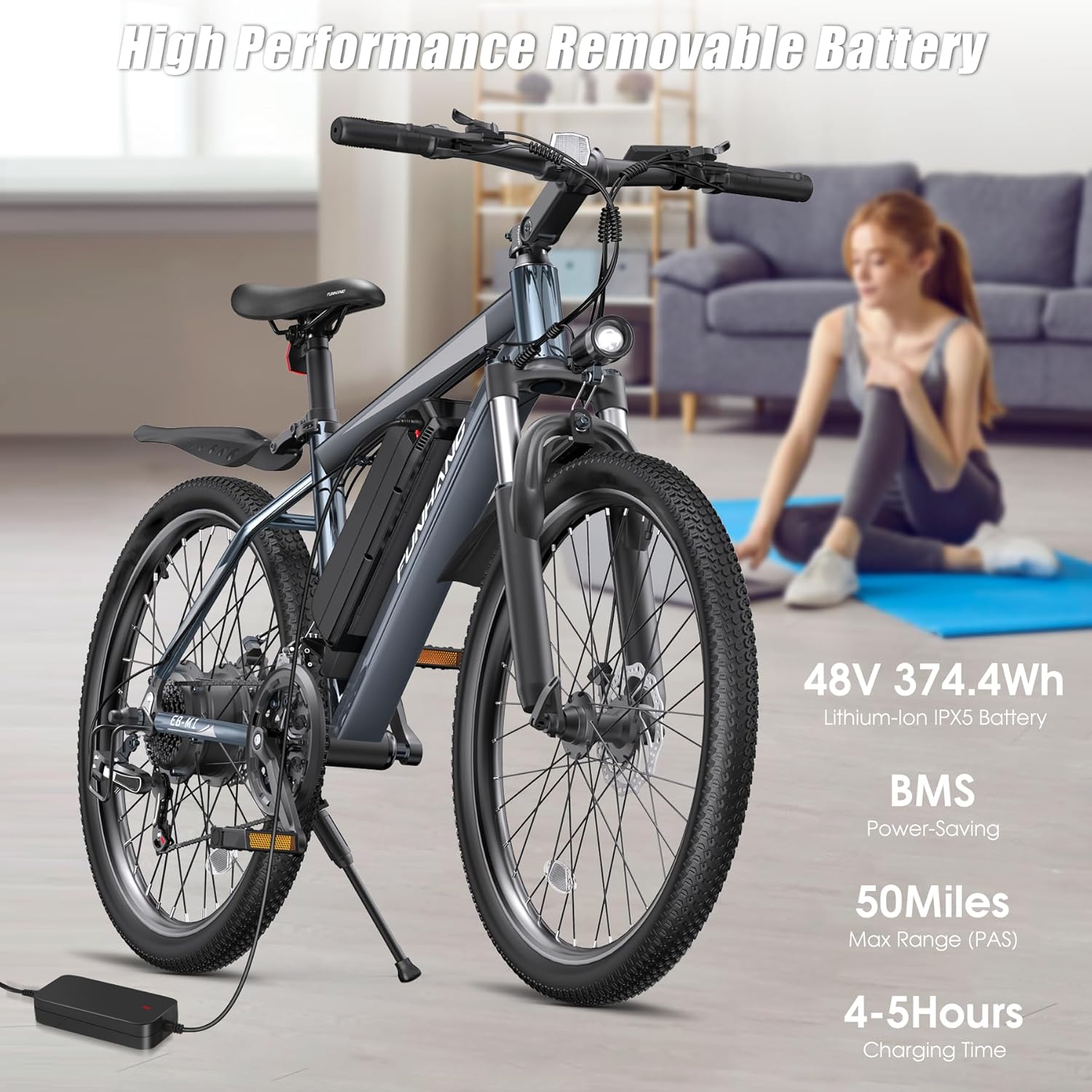 1000W Peak Electric Mountain Bike for Adults – 26-Inch E-Bike with Front Suspension, 7-Speed Gears, Fenders & Up to 50-Mile Range