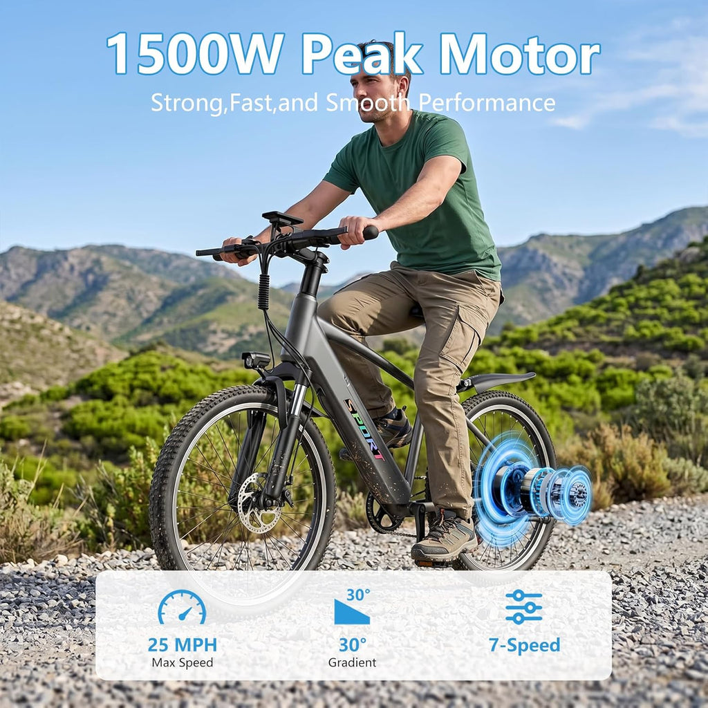 1500W Peak Electric Bike for Adults – Step-Through Commuter E-Bike with 7-Speed Gear System, 26-Inch Wheels, Up to 25 MPH & 65-Mile Range