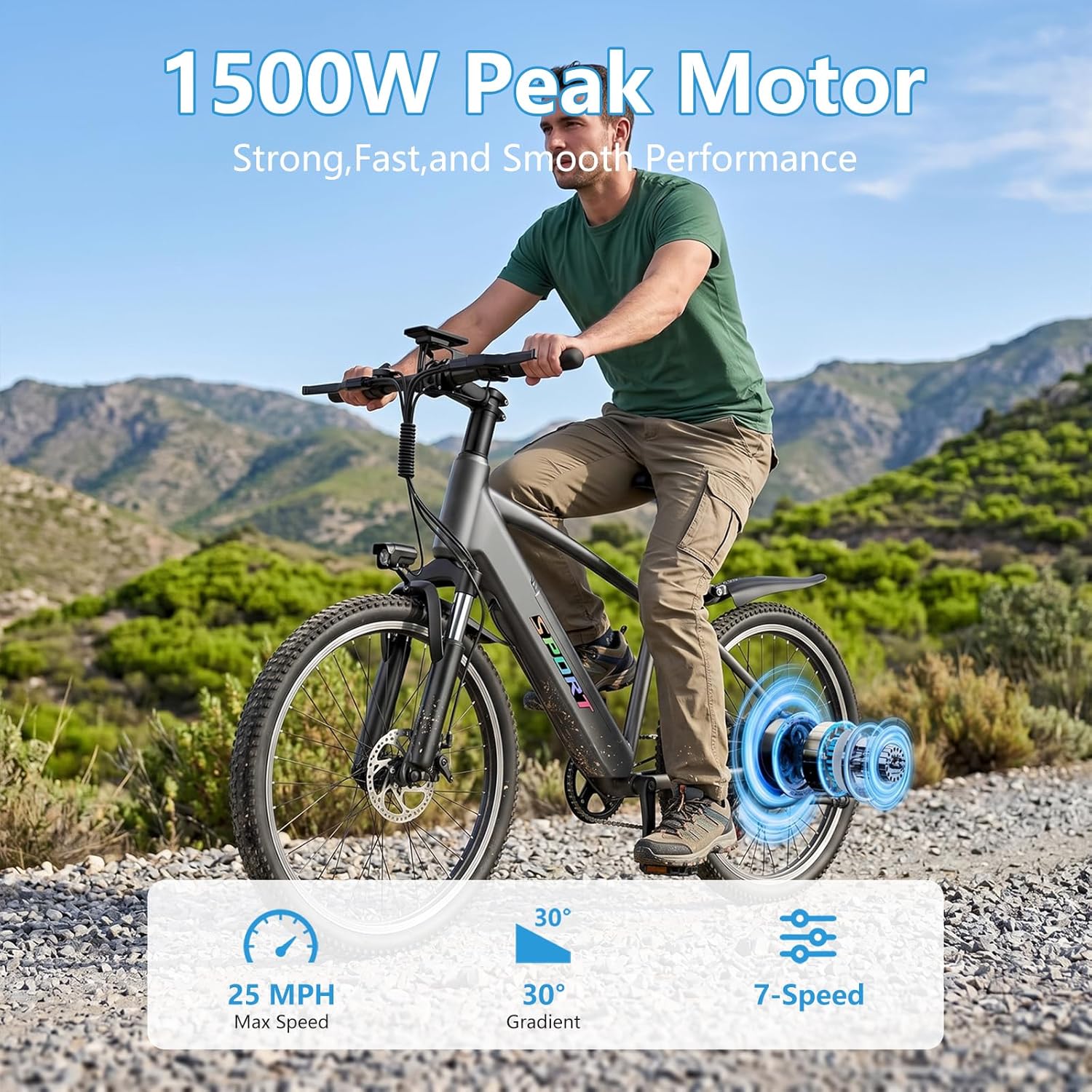 1500W Peak Electric Bike for Adults – Step-Through Commuter E-Bike with 7-Speed Gear System, 26-Inch Wheels, Up to 25 MPH & 65-Mile Range