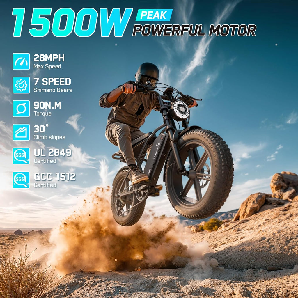 1500W Peak Fat Tire Electric Bike for Adults – 20-Inch All-Terrain E-Bike with Long Range, Off-Road Ready & UL 2849 Tested