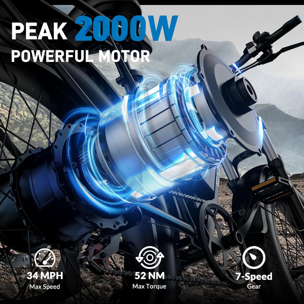 2000W Peak Electric Bike for Adults – 26" Fat Tire E-Bike, 34 MPH Top Speed, Up to 100 Miles Range, Removable Battery