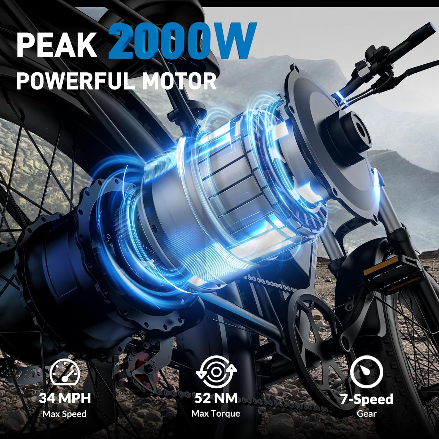 2000W Peak Electric Bike for Adults – 26" Fat Tire E-Bike, 34 MPH Top Speed, Up to 100 Miles Range, Removable Battery