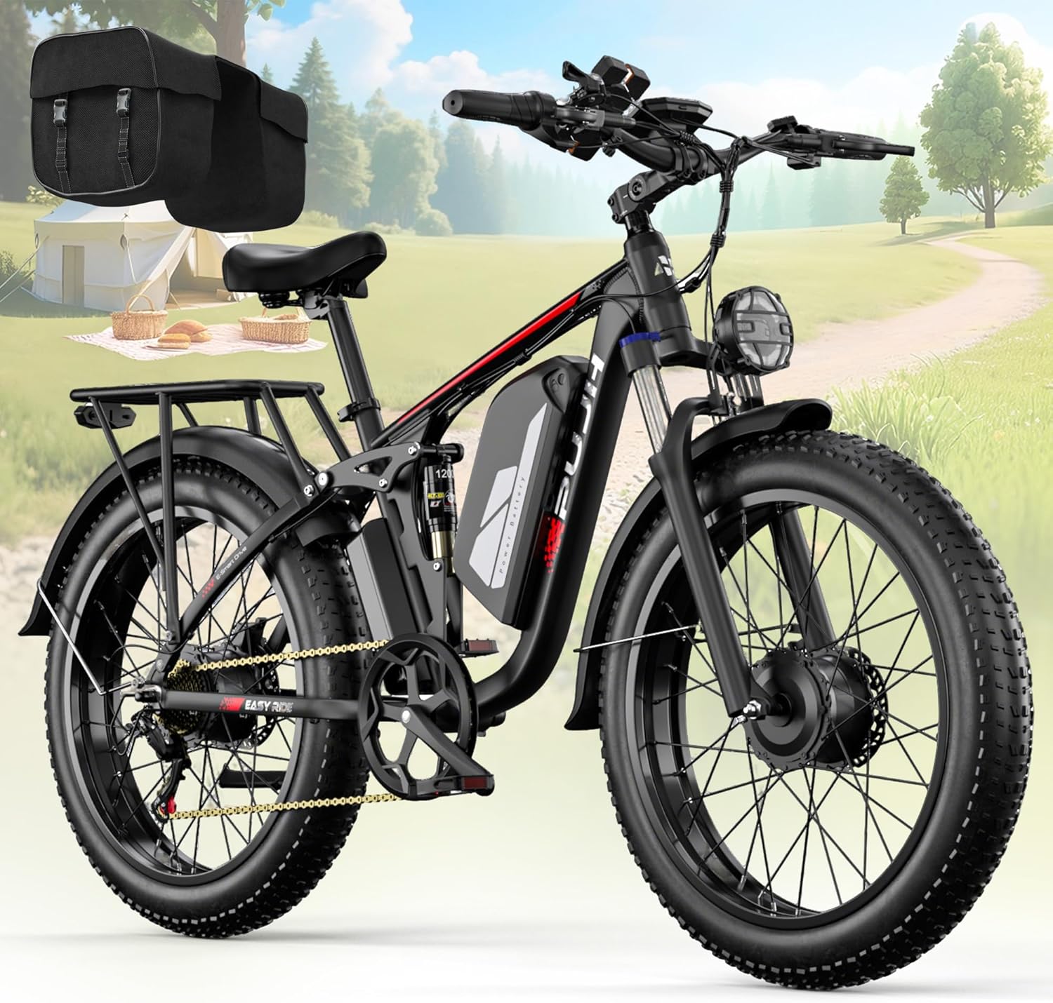 Dual Motor Electric Bike for Adults, 24-Inch Fat Tire All-Terrain E-Bike, Full Suspension Long-Range Electric Bicycle
