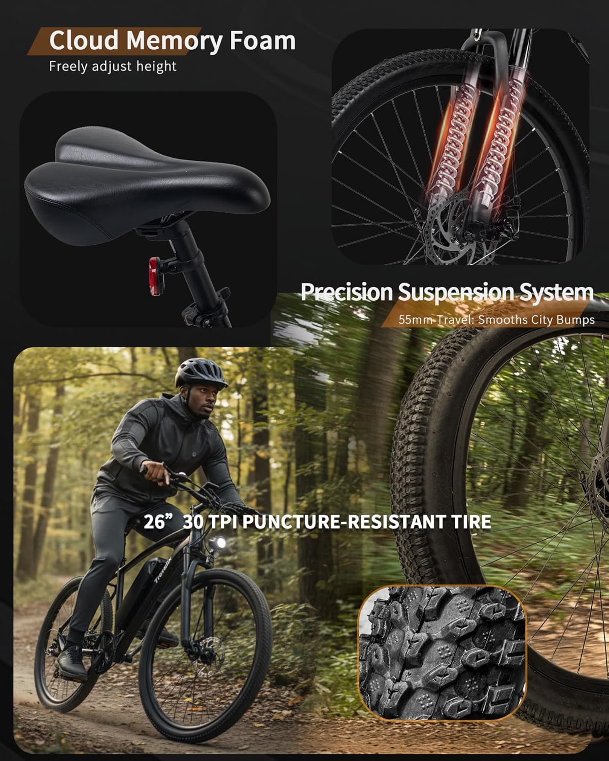 26" Electric Mountain Bike for Adults with 500W Peak Motor, Cadence & Torque Sensor, 6-Speed Gear System, 20 MPH & Up to 74 Miles Range