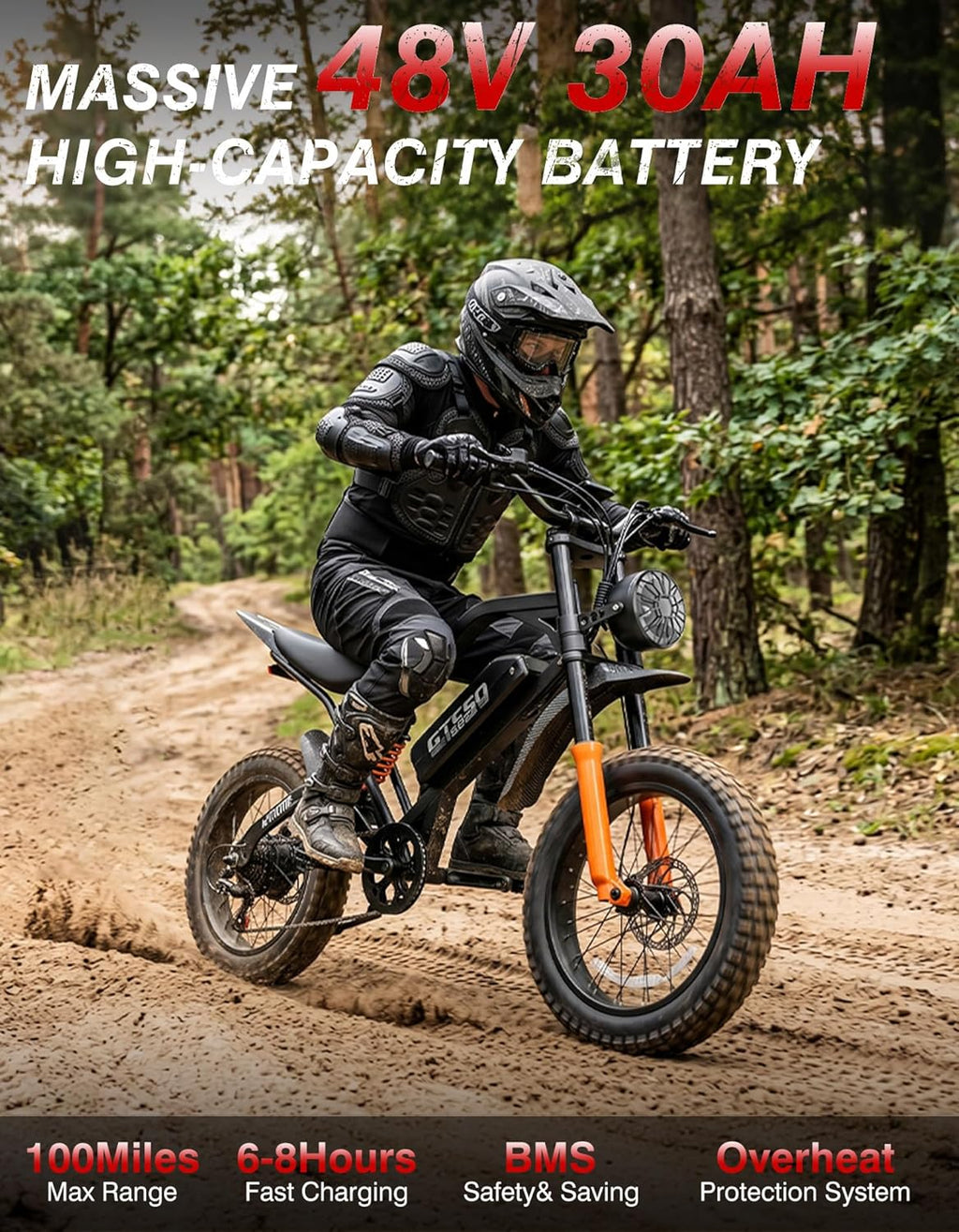 Electric Off-Road Bike for Adults, Full Suspension All-Terrain E-Bike, Hydraulic Brakes, Multi-Speed Drivetrain
