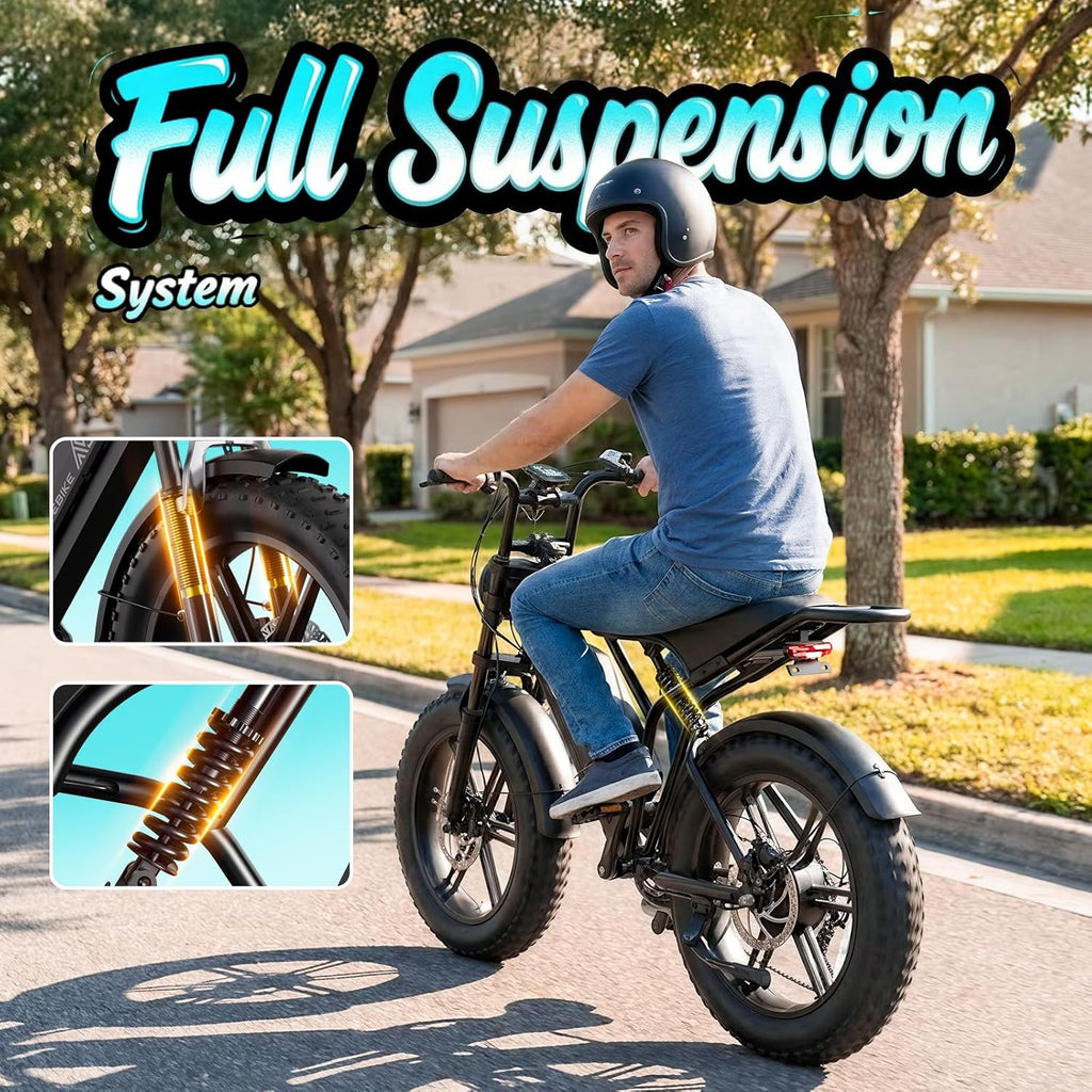 Adult Electric Fat Tire Bike, 1500W Peak Motor, Up to 60-Mile Range, 20" All-Terrain E-Bike with Dual Suspension & 7-Speed Drivetrain