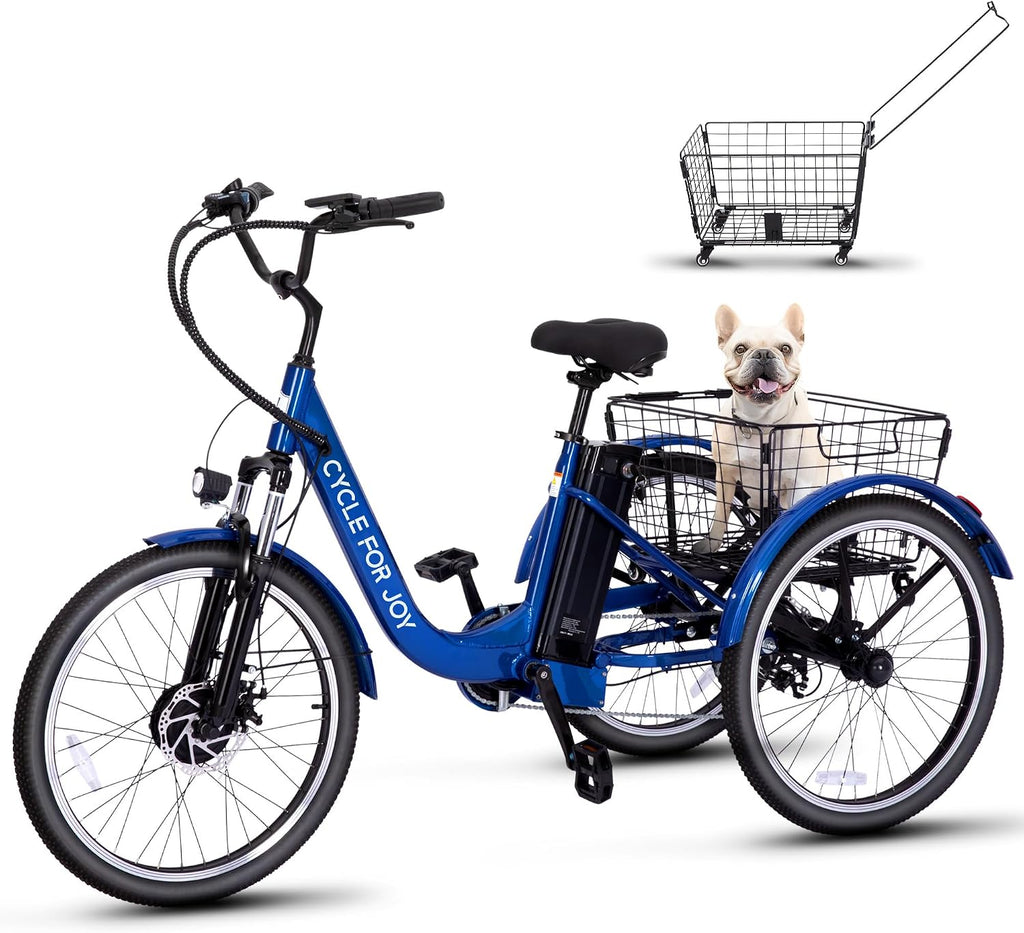 24-Inch Electric Tricycle for Adults, 3-Wheel Electric Bike with Large Removable Basket, Multi-Speed Drivetrain, UL Certified