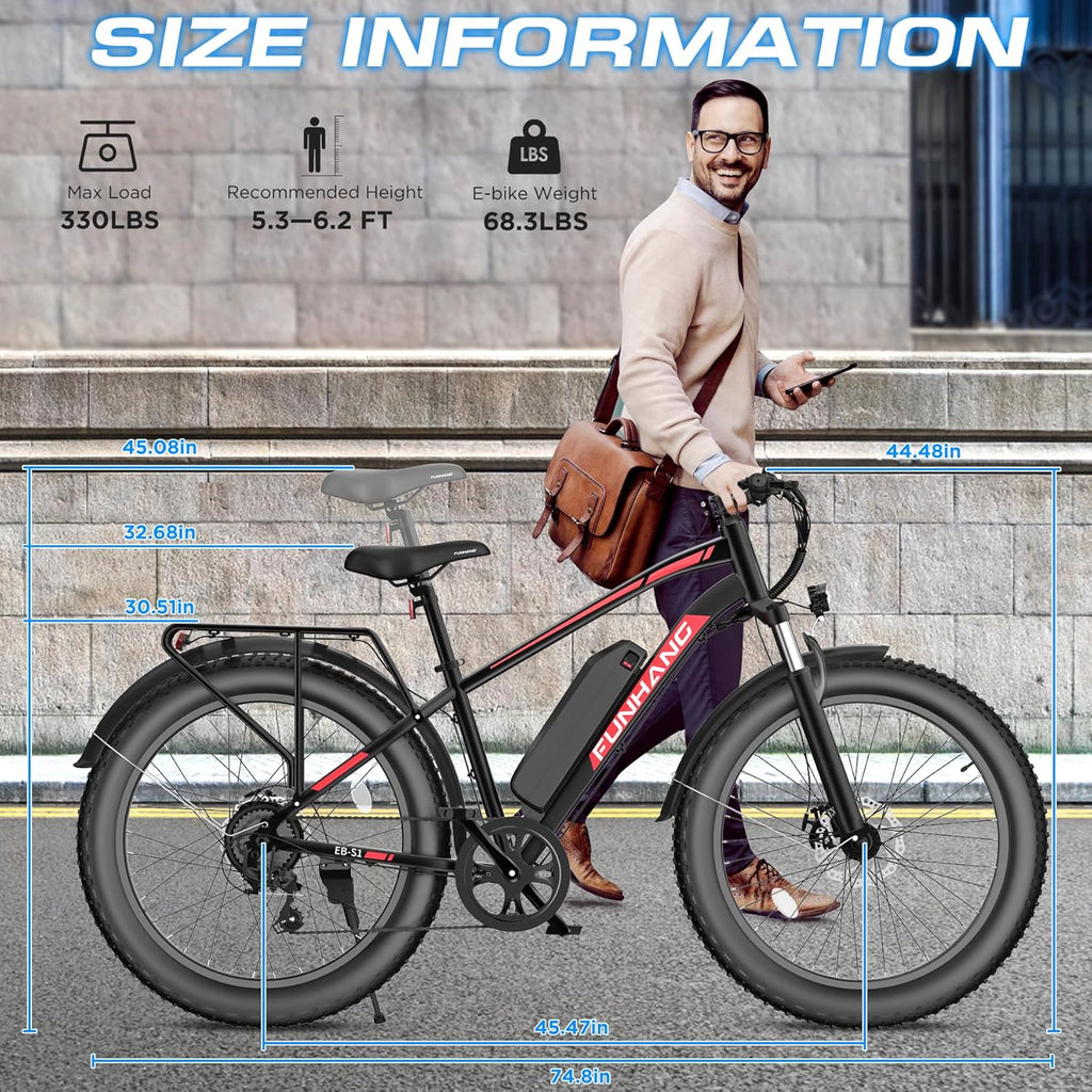 1000W Peak Electric Mountain Bike for Adults – 26-Inch Fat Tire E-Bike with Front Suspension, 7-Speed Gear System, Rear Rack & Up to 60-Mile Range