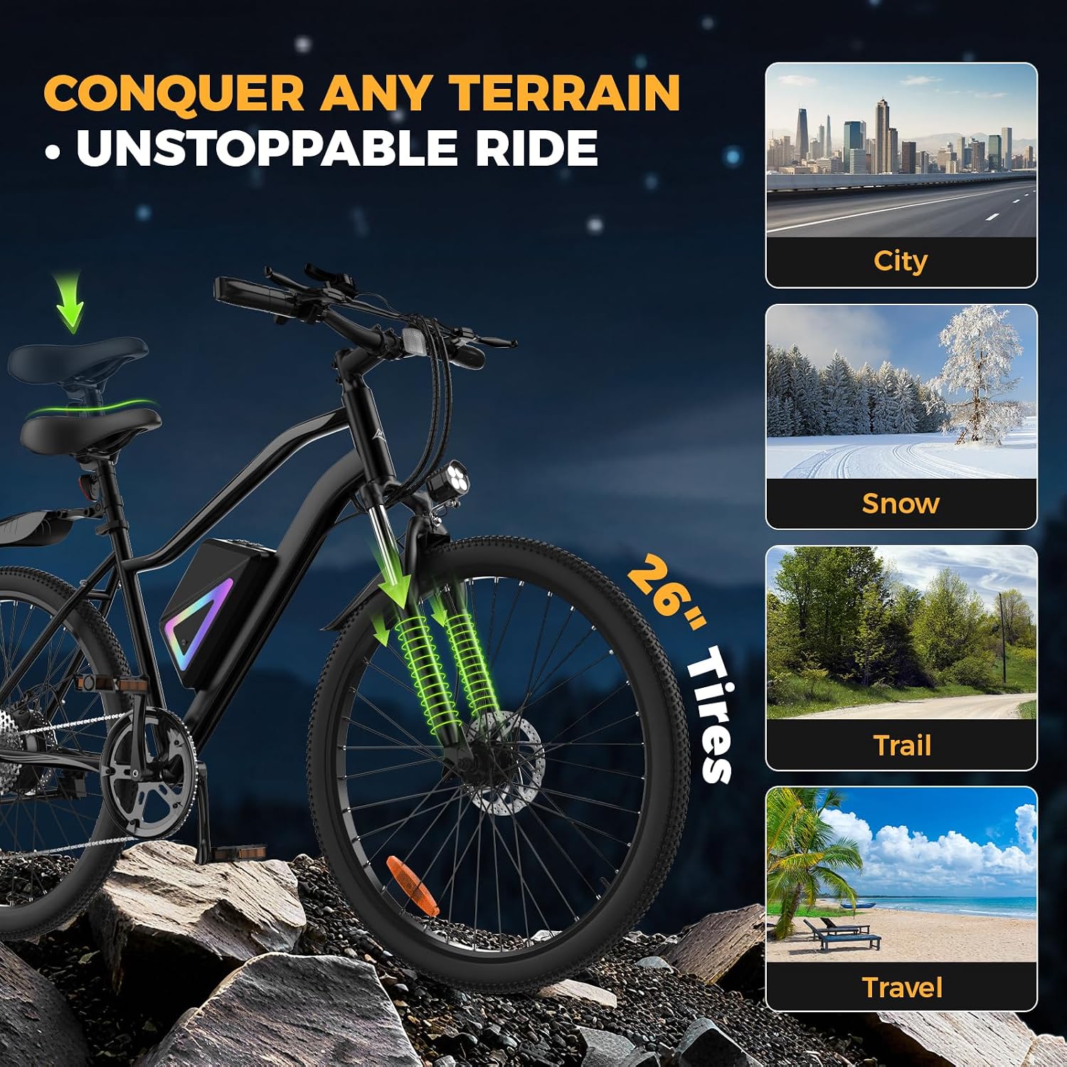 Electric Bike for Adults, 26-Inch & Foldable Commuter E-Bike, Long-Range Electric Bicycle with Multi-Speed Drivetrain and Removable Power System