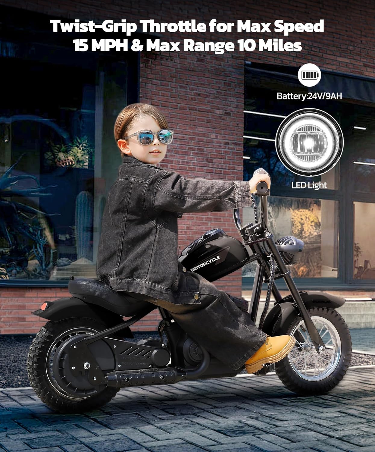 Electric Dirt Bike for Kids – 15 MPH Ride-On Motorcycle with LED Lights, Air-Filled Tires & Hand Brake