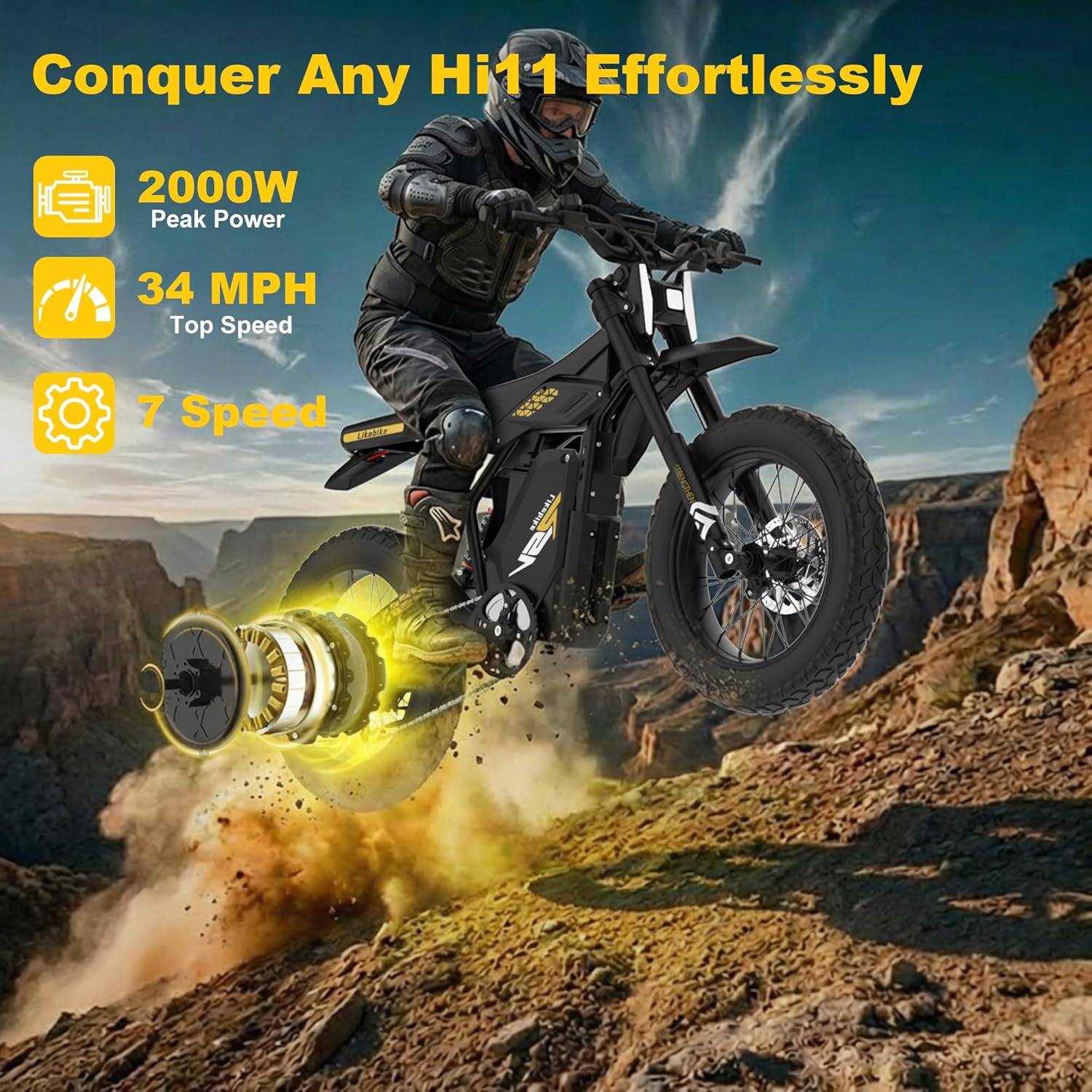 2000W/3000W Electric Dirt Bike for Adults, 20" Fat Tire Mountain eBike, Full Suspension, Removable Battery, 7-Speed Gear System, UL Certified