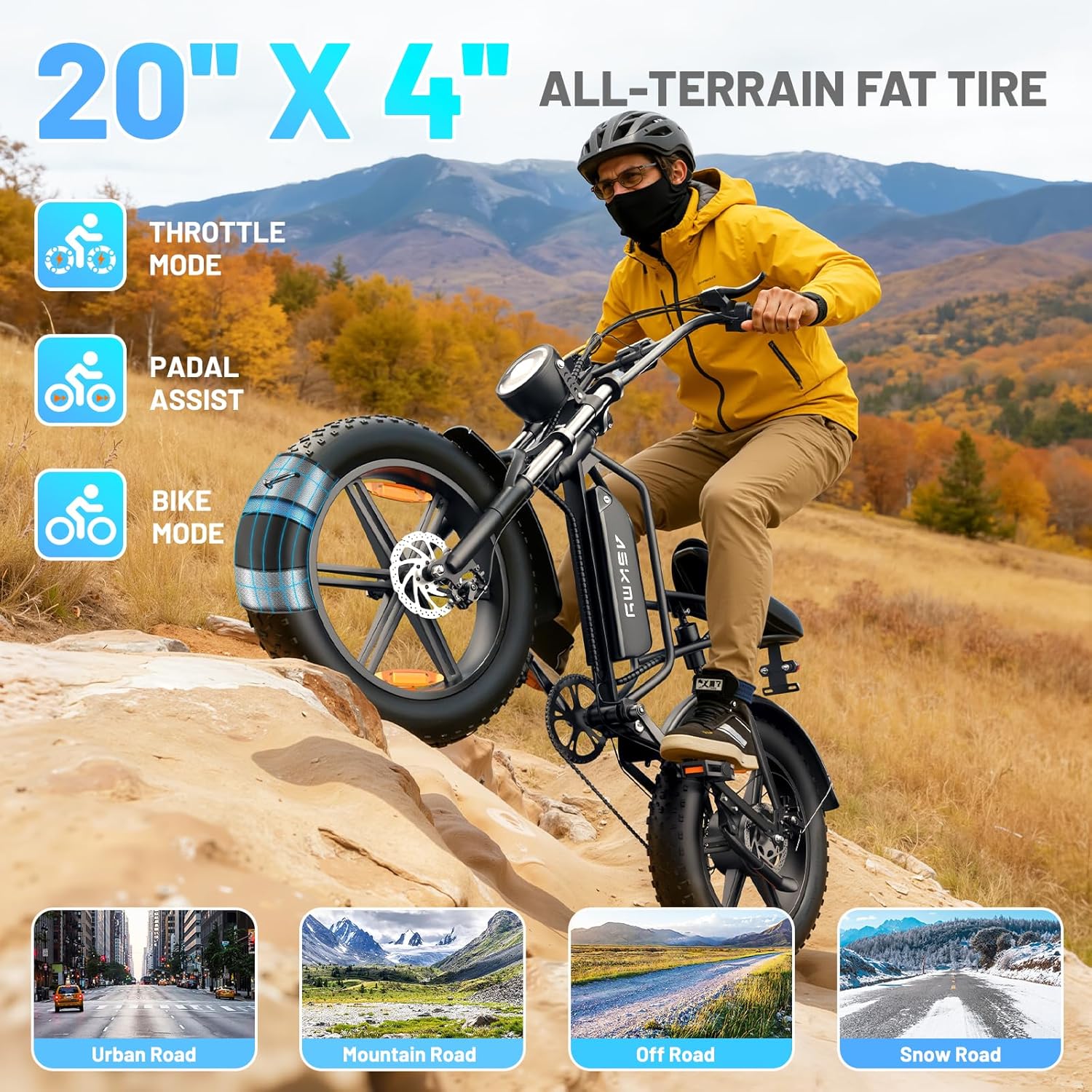 20" Fat Tire Electric Bike for Adults, 1000W Peak Motor, Up to 60-Mile Range, All-Terrain E-Bike, UL 2849 Certified
