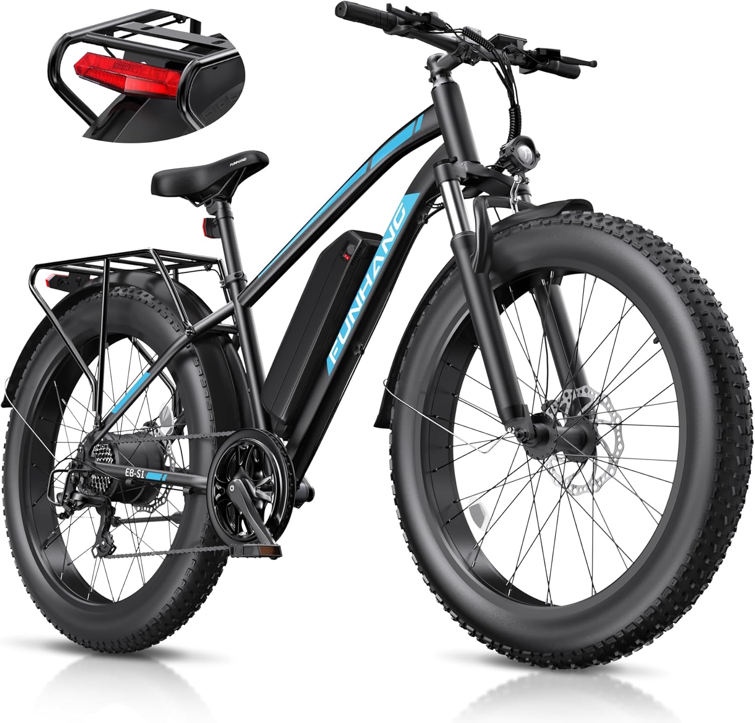 1000W Peak Electric Mountain Bike for Adults – 26-Inch Fat Tire E-Bike with Front Suspension, 7-Speed Gear System, Rear Rack & Up to 60-Mile Range