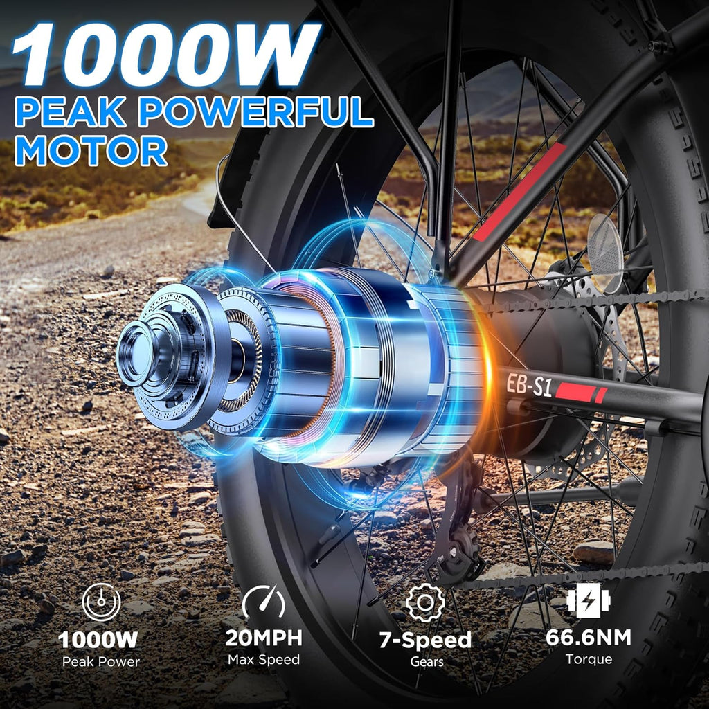 1000W Peak Electric Mountain Bike for Adults – 26-Inch Fat Tire E-Bike with Front Suspension, 7-Speed Gear System, Rear Rack & Up to 60-Mile Range