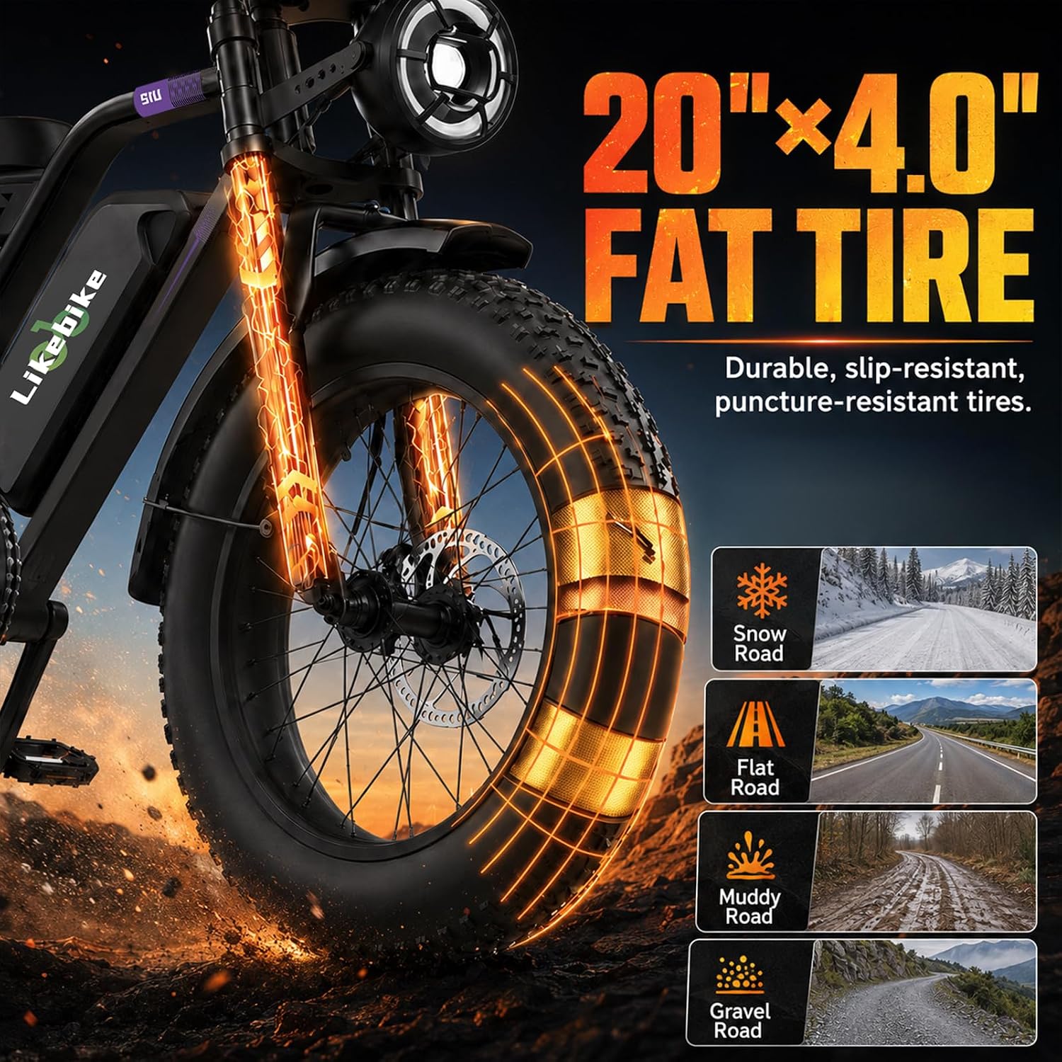 20" Fat Tire Electric Mountain Bike for Adults with 1500W/2000W/3000W Peak Motor, Full Suspension, Hydraulic Disc Brakes & 7-Speed Gear System