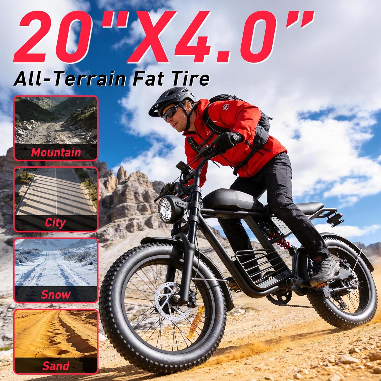Adult Electric Fat Tire Bike, Up to 37 MPH, Long-Range All-Terrain E-Bike, 20" Off-Road Tires, Mountain, Snow & Sand Ready