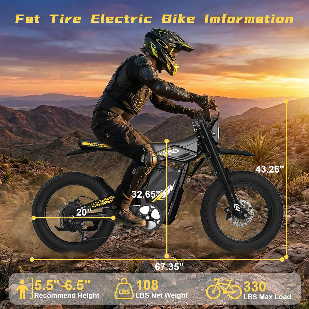20" Fat Tire Electric Dirt Bike for Adults with 2000W/3000W Motor, Full Suspension, Pedals & Off-Road Design