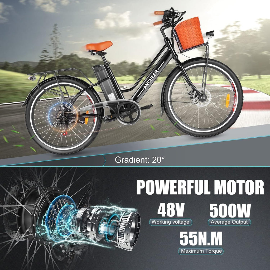 26" Step-Through Electric City Bike for Adults – Commuter E-Bike with Basket, LCD Display & Low-Step Frame