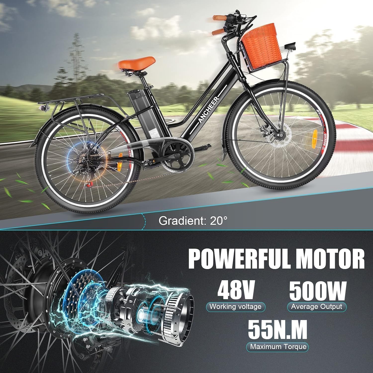 26" Step-Through Electric City Bike for Adults – Commuter E-Bike with Basket, LCD Display & Low-Step Frame