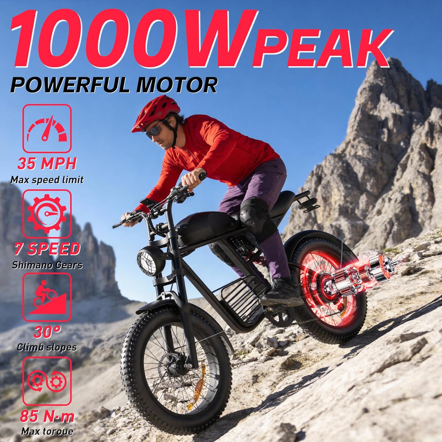 Adult Electric Fat Tire Bike, Up to 37 MPH, Long-Range All-Terrain E-Bike, 20" Off-Road Tires, Mountain, Snow & Sand Ready