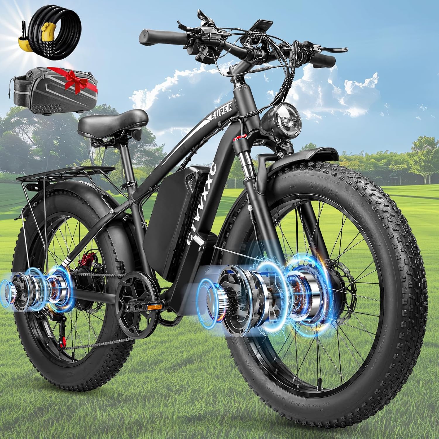 Dual Motor Electric Fat Tire Bike for Adults, 9000W Peak Power, Up to 45 MPH, 24" All-Terrain E-Bike with Lockable Suspension