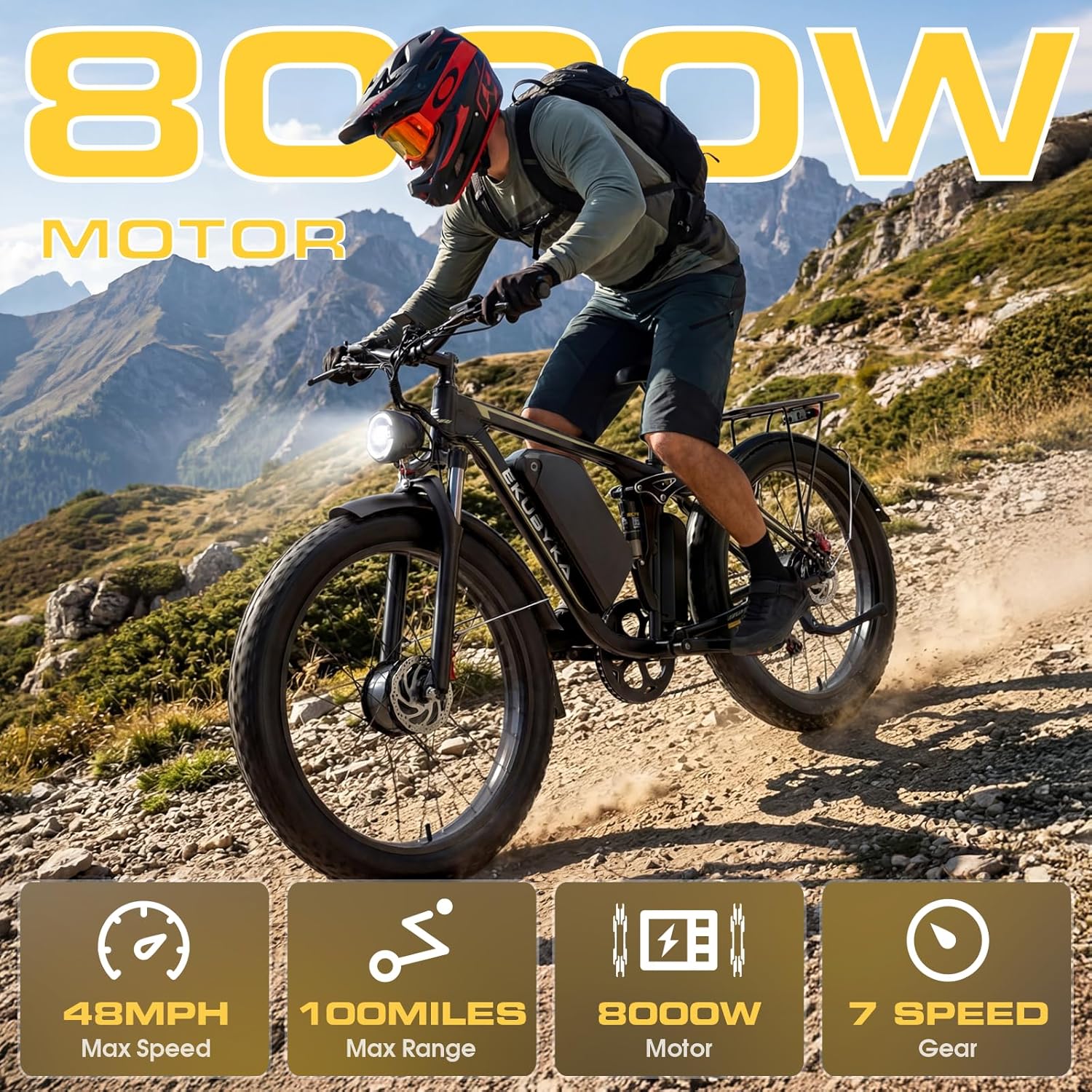 Dual Motor Electric Bike for Adults, Full Suspension Fat Tire All-Terrain E-Bike, Up to 100-Mile Range, 26-Inch Wheels, Heavy-Duty 400 lb Capacity
