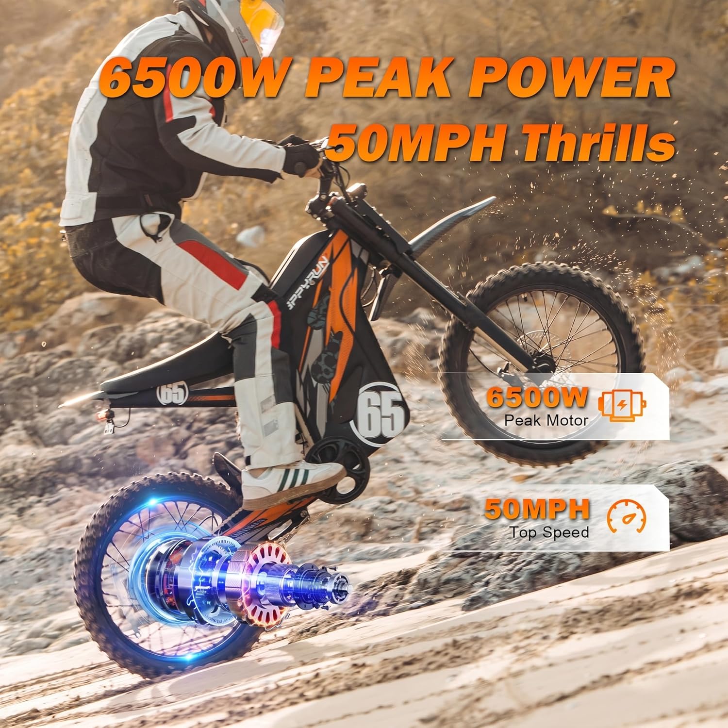 Electric Dirt Bike for Adults, 6500W Motor, Up to 50 MPH, 70-Mile Range, Hydraulic Brakes, Heavy-Duty Off-Road E-Bike