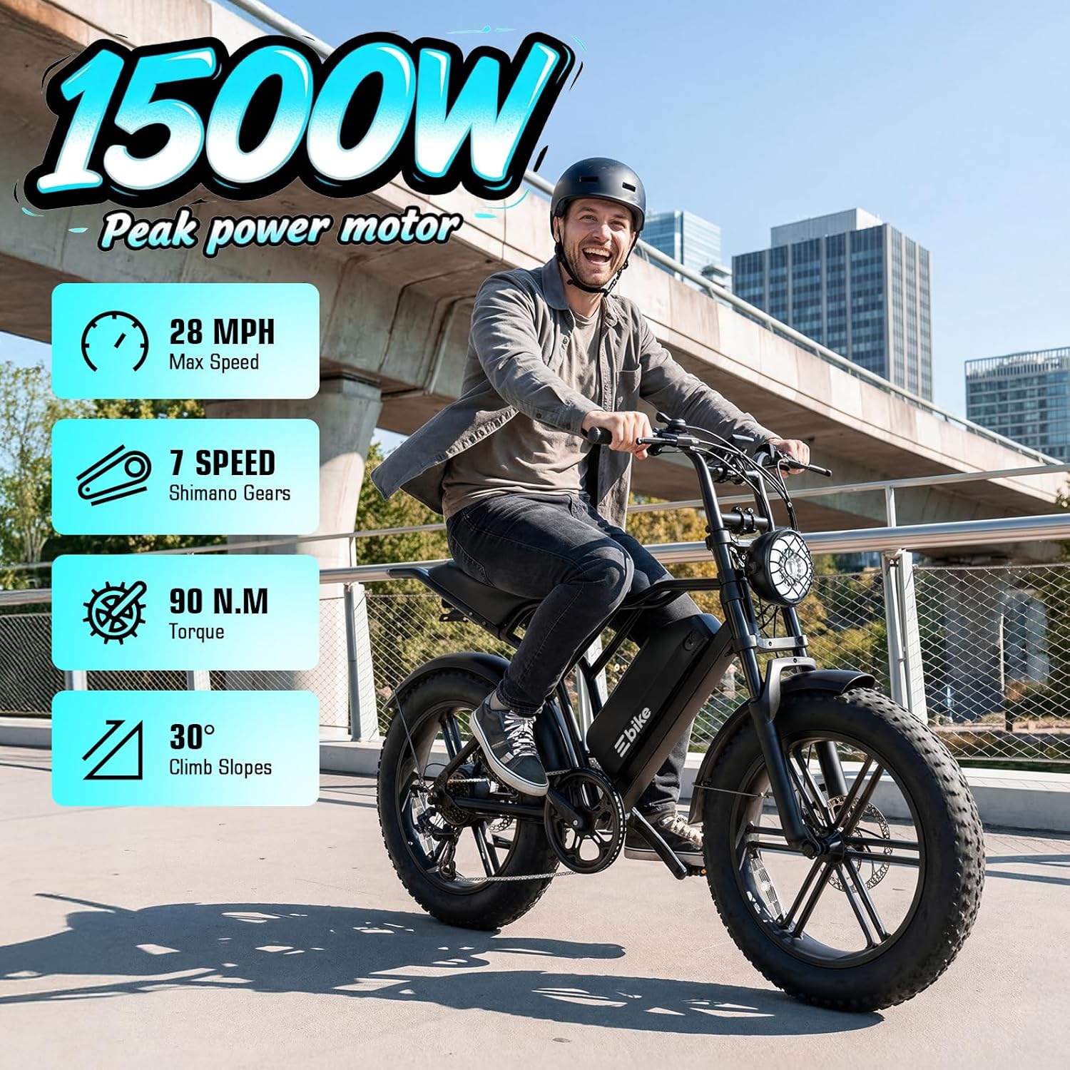 Adult Electric Fat Tire Bike, 1500W Peak Motor, Up to 60-Mile Range, 20" All-Terrain E-Bike with Dual Suspension & 7-Speed Drivetrain
