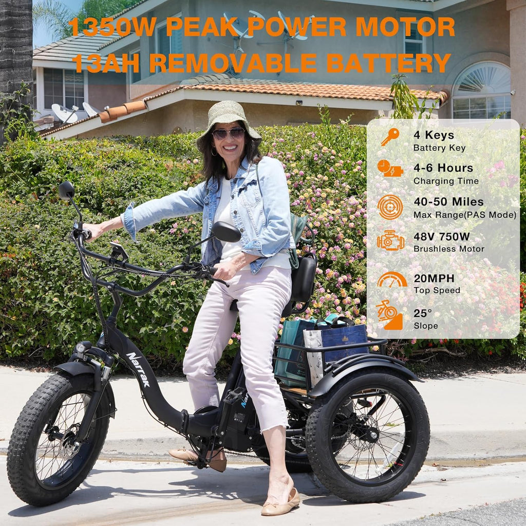 1350W Peak Folding Electric Tricycle for Adults – Fat Tire 3-Wheel E-Trike with Large Rear Basket & Removable Battery