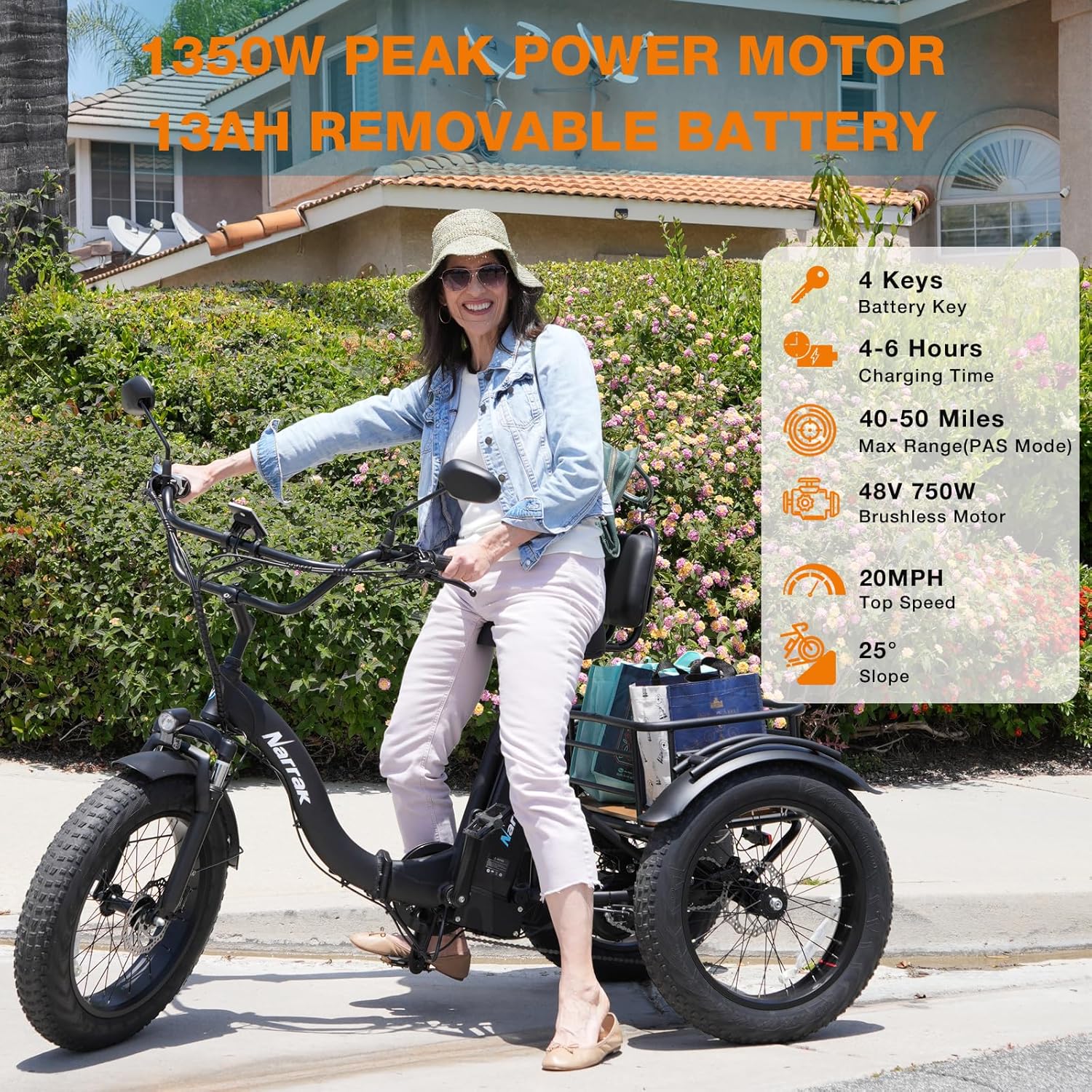 1350W Peak Folding Electric Tricycle for Adults – Fat Tire 3-Wheel E-Trike with Large Rear Basket & Removable Battery
