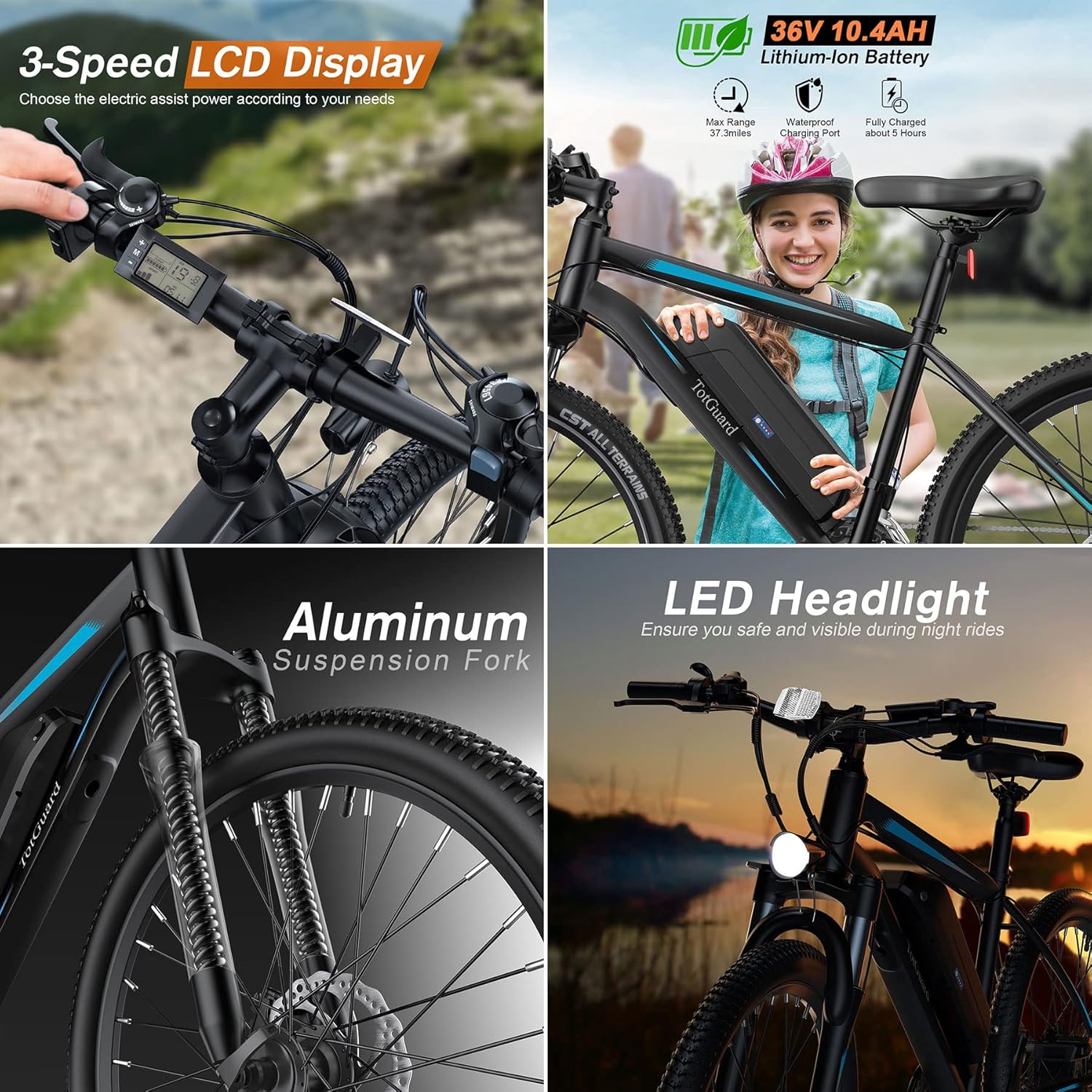 26" Electric Mountain Bike for Adults with Front Suspension – Up to 19.8 MPH, 50-Mile Range