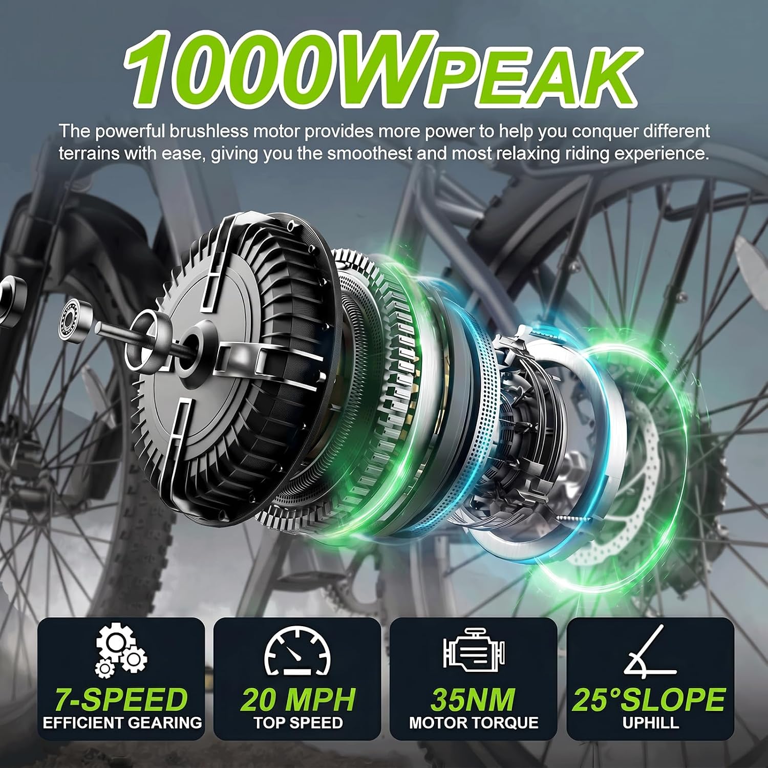 24" Electric Mountain Bike for Adults with 1000W Peak Motor, Full Suspension, 7-Speed Gear System & Commuter Design