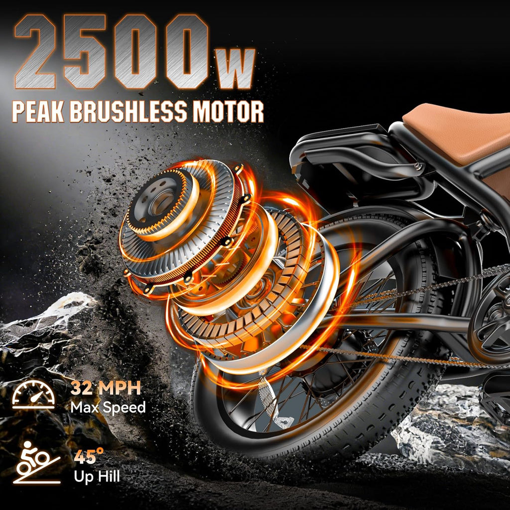 Electric Fat Tire Bike for Adults, 2500W Peak Motor, Up to 32 MPH, 100-Mile Range, 20" Off-Road E-Bike with Dual Suspension & Security Lock