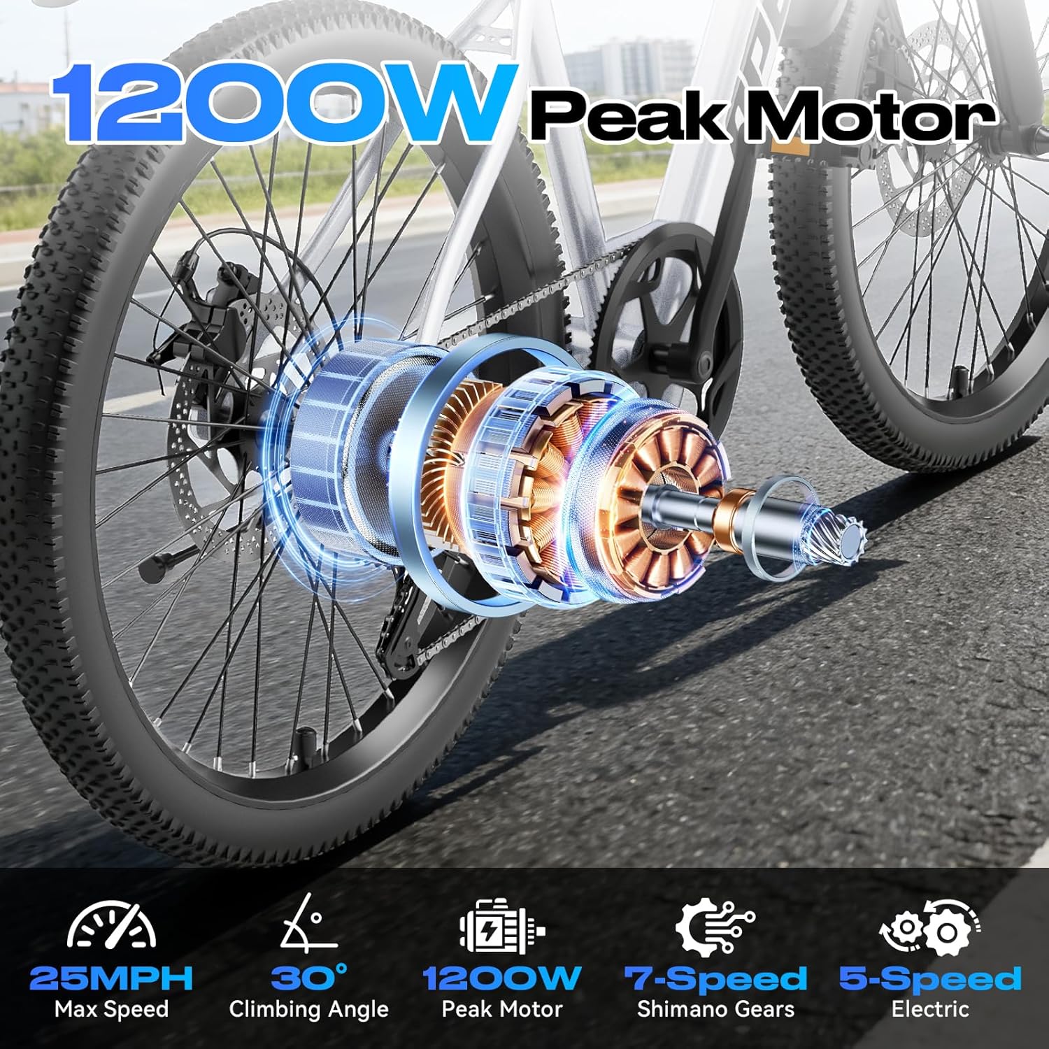 1200W Peak Electric Mountain Bike for Adults & Teens – 26" E-Bike, 25 MPH Top Speed, UL Certified, Waterproof Design