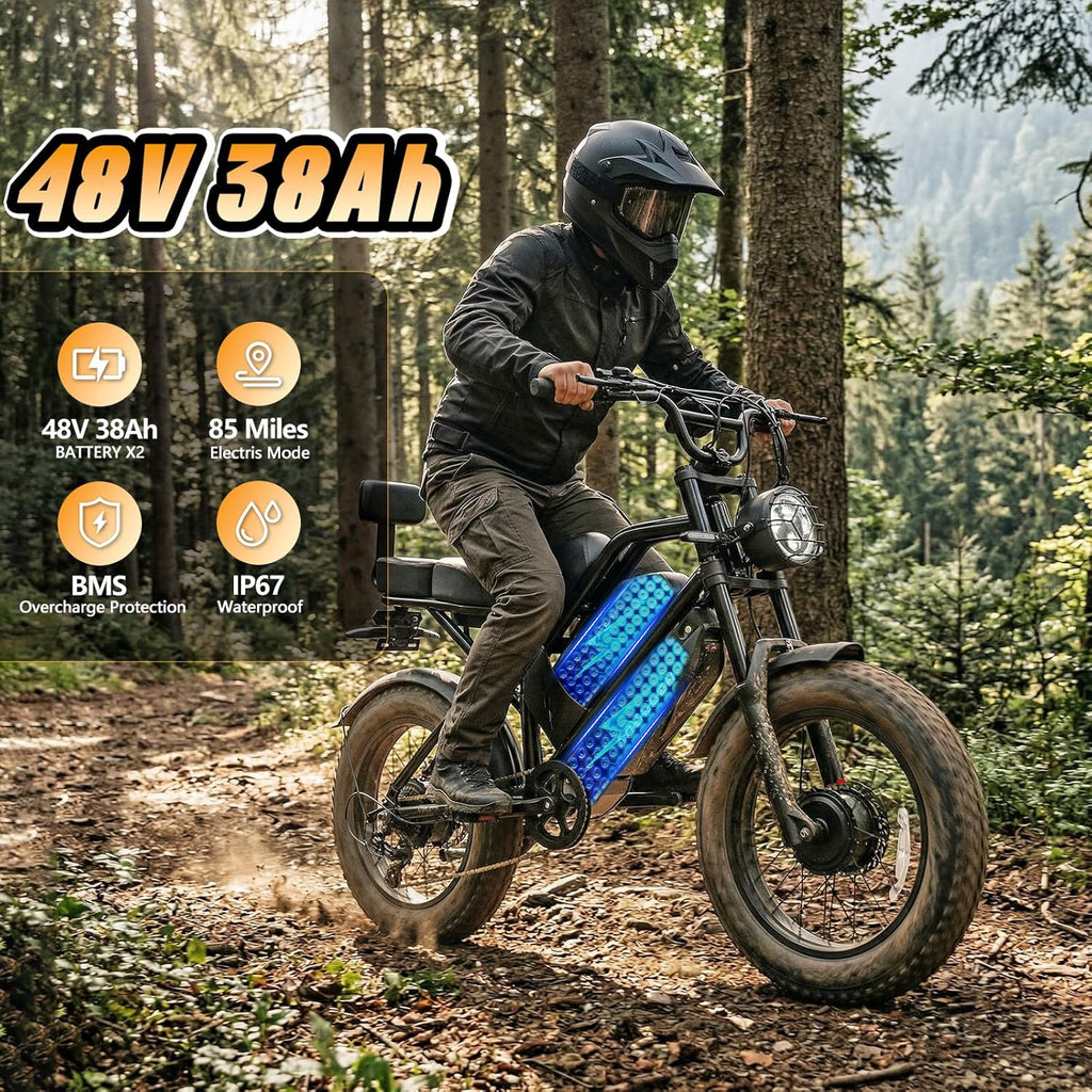 5000W Peak Dual Motor Electric Bike for Adults – 20" Fat Tire E-Bike, 36 MPH Top Speed, 85+ Miles Range, Hydraulic Brakes