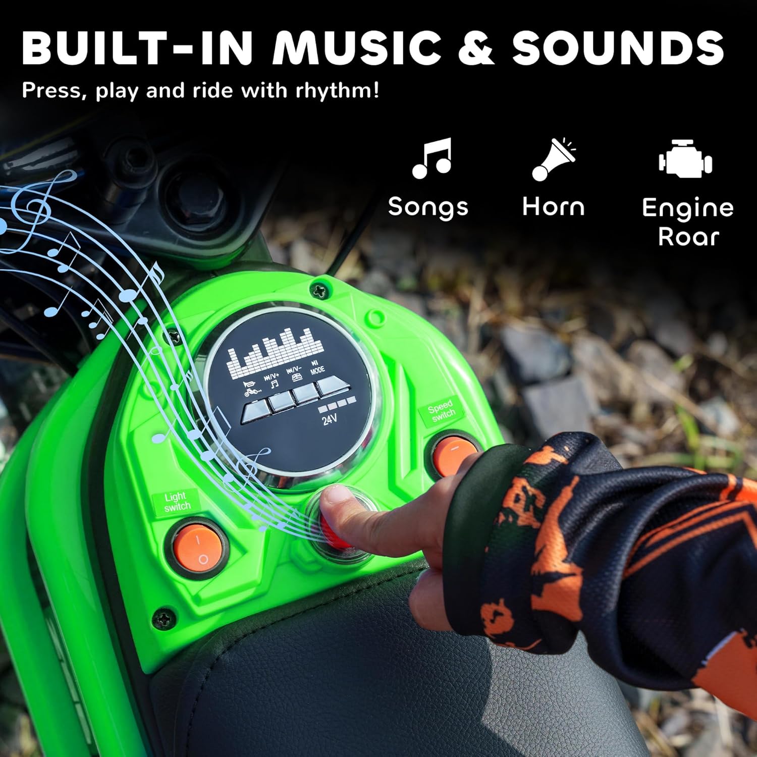 Electric Dirt Bike 350W Off-Road Motorcycle, Twist Grip Throttle, Up to 15 MPH, Rear Suspension, Music & Horn, Hand Brake, Green