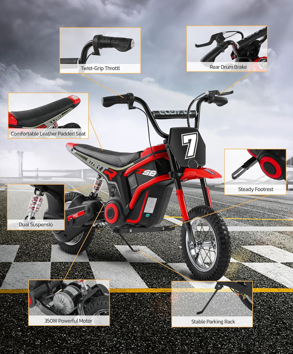 Electric Dirt Bike for Kids – 350W Ride-On Motorcycle with 12” Air Tires, 3-Speed Control & LED Display