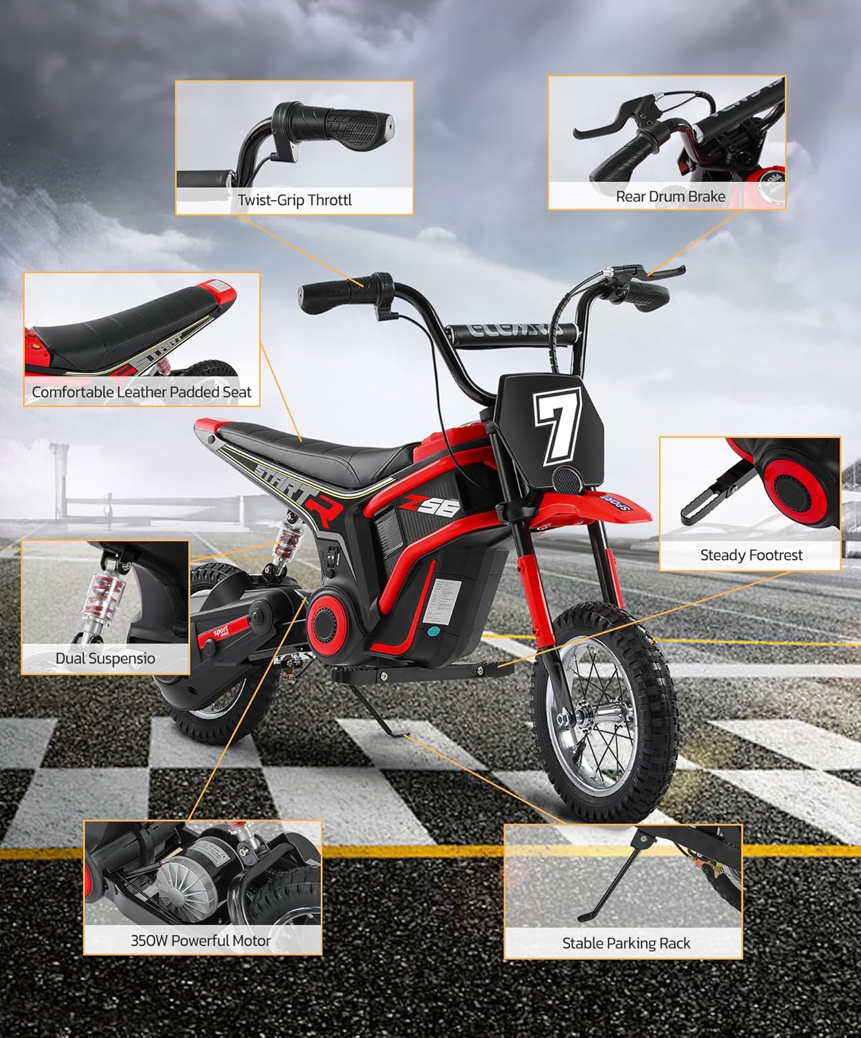 Electric Dirt Bike for Kids – 350W Ride-On Motorcycle with 12” Air Tires, 3-Speed Control & LED Display