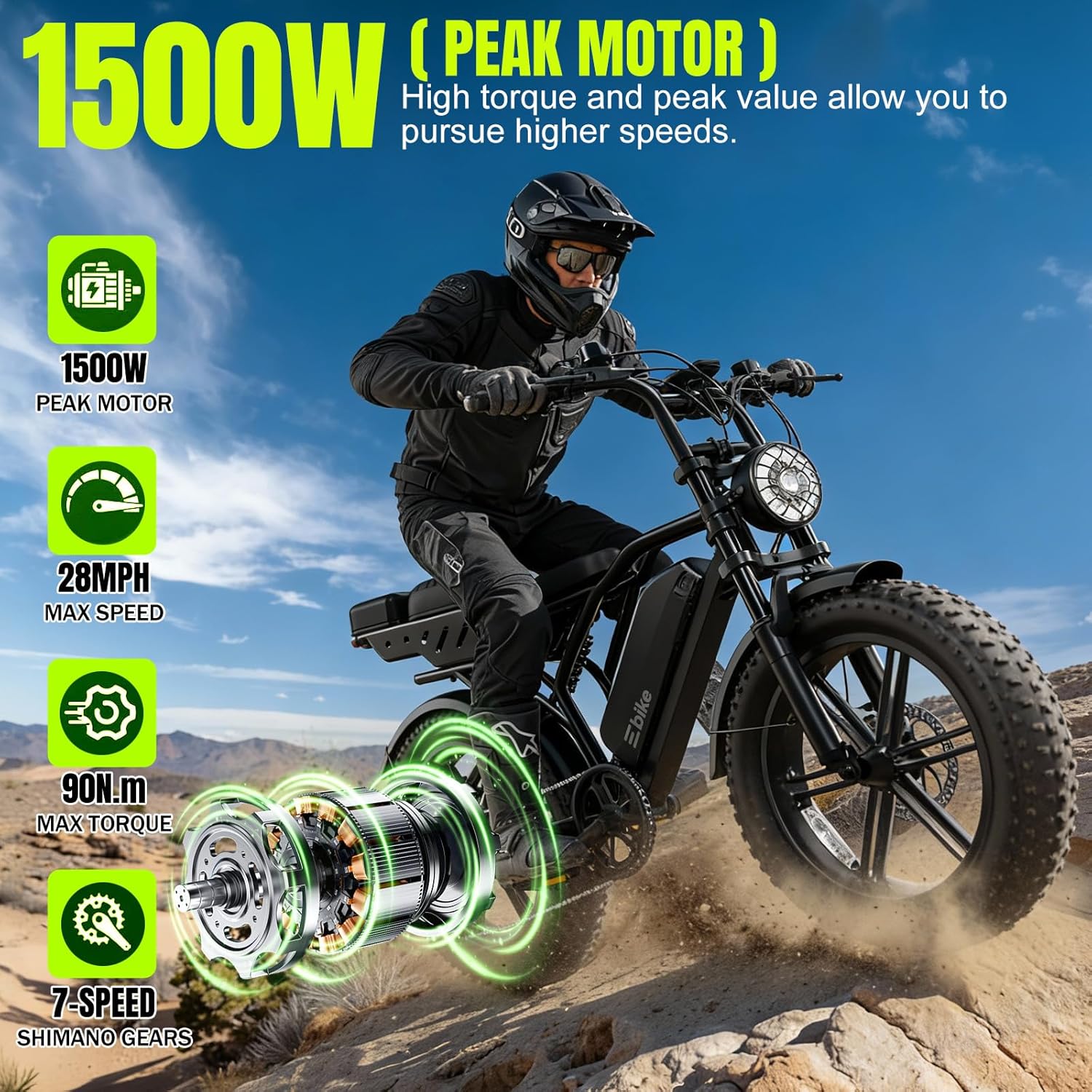 20" Fat Tire All-Terrain Electric Bike for Adults – 1500W Peak Power, Long-Range Off-Road E-Bike