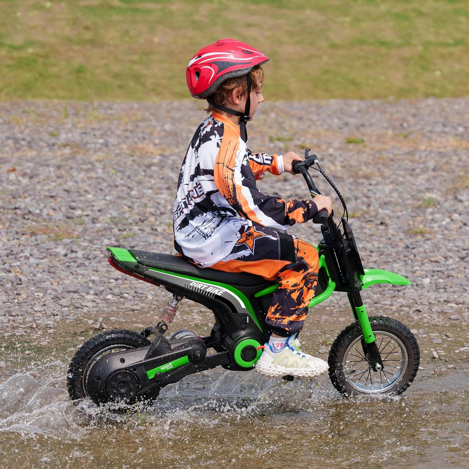 Electric Dirt Bike 350W Off-Road Motorcycle, Twist Grip Throttle, Up to 15 MPH, Rear Suspension, Music & Horn, Hand Brake, Green