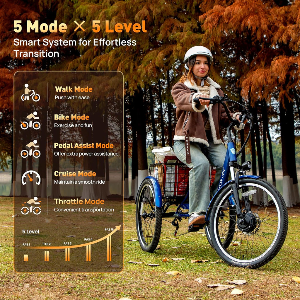 24-Inch Electric Tricycle for Adults, 3-Wheel Electric Bike with Large Removable Basket, Multi-Speed Drivetrain, UL Certified