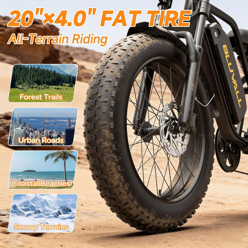 Electric Fat Tire Bike for Adults, Full Suspension All-Terrain E-Bike, 20-Inch Wheels, Hydraulic Brakes, Multi-Speed Drivetrain