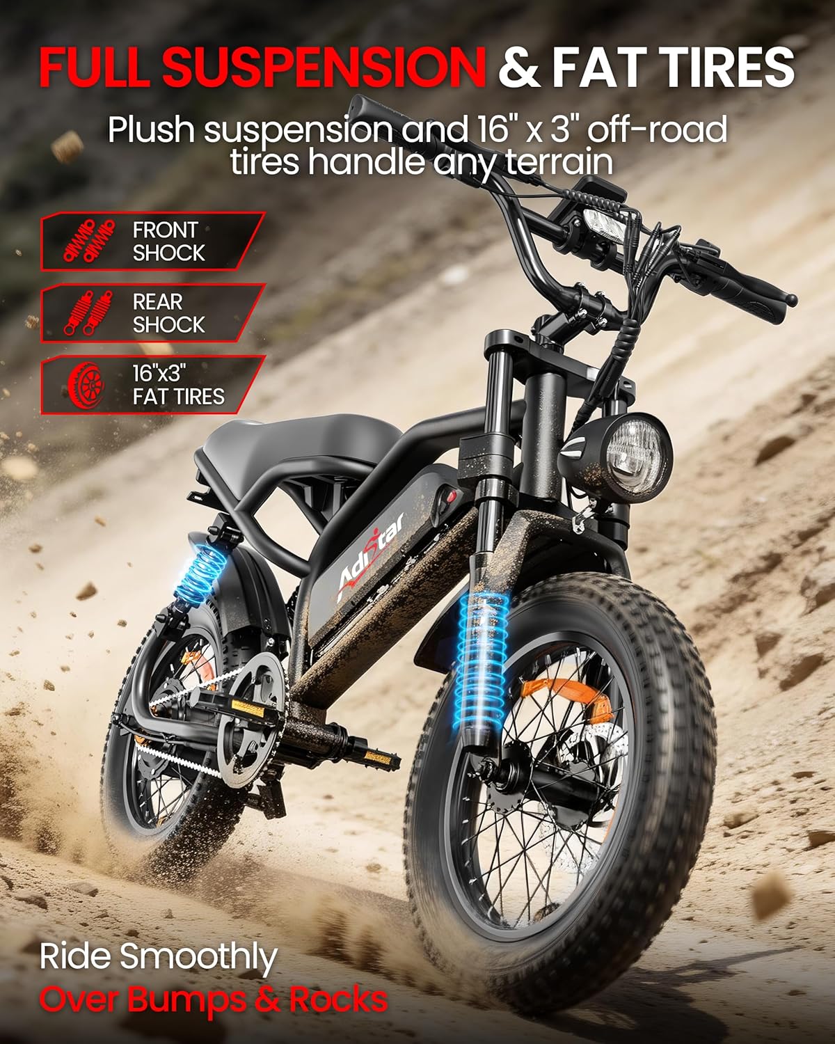16-Inch Fat Tire Electric Bike for Adults, Full Suspension All-Terrain E-Bike, Long-Range Commuter & Outdoor Electric Bicycle